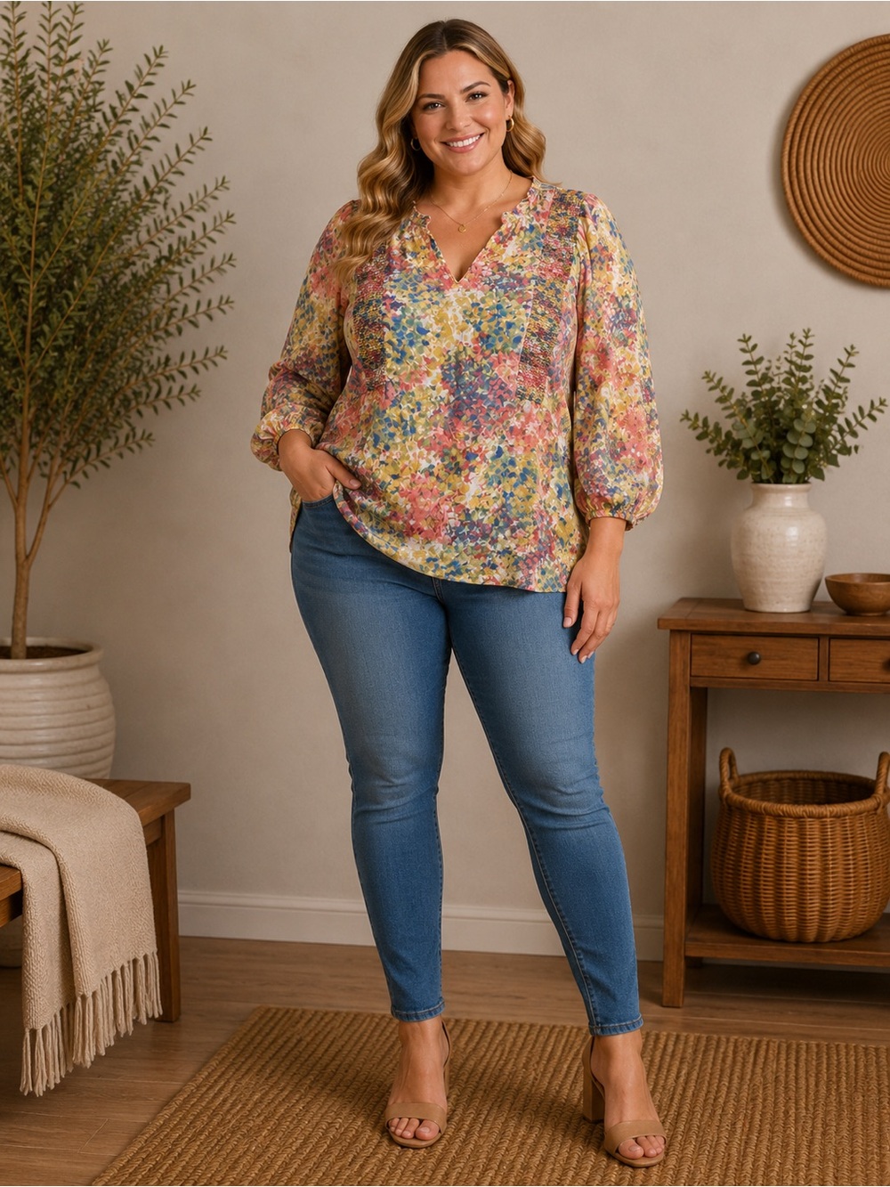 Sharagano Multicolor Floral V-Neck Blouse